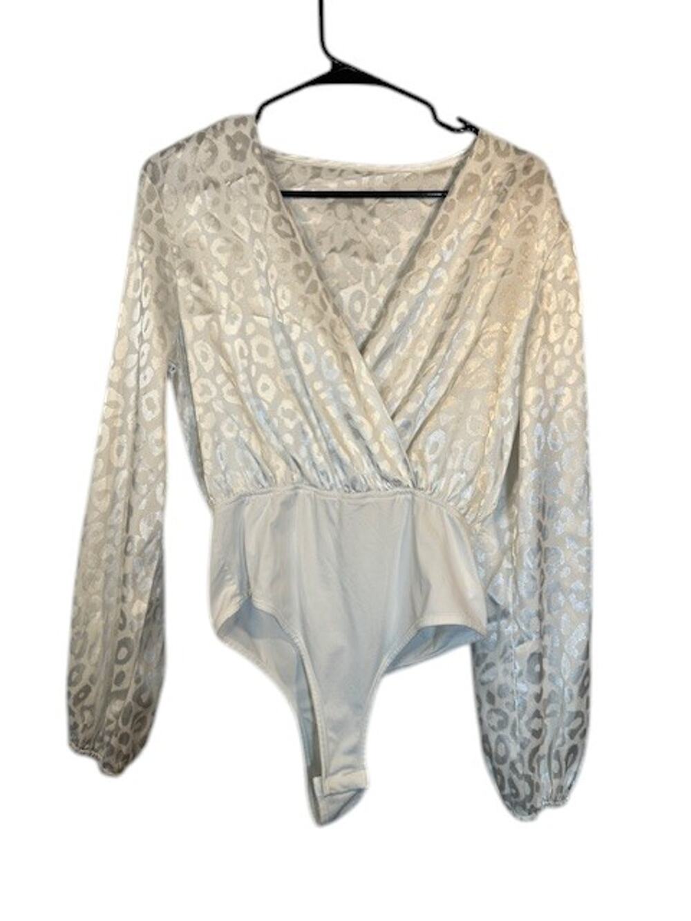 SHEIN White Leopard Print V-Neck Wrap Style Long Sleeve Bodysuit Women Sz S